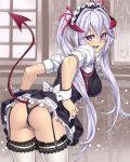 1girl ass bent_over breasts butt_crack demon_girl demon_maid_(houtengeki) demon_tail devil_girl garter_straps horns houtengeki large_breasts lavender_hair leaning_forward long_hair looking_back maid maid_headdress original panties purple_eyes smile solo tail thighhighs thong twintails underwear white_legwear wrist_cuffs