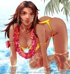  1girl all_fours armlet ass big_breasts bikini brazil brazilian breasts brown_eyes brown_hair christie_monteiro cleavage dark-skinned_female dark_skin human kawano_takuji lei lips long_hair namco official_art swimsuit tekken tekken_5 tekken_5_dark_resurrection tekken_6 tekken_tag_tournament_2 thong_bikini very_dark_skin water yellow_bikini 