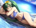 1girl alluring alternate_costume arms_behind_back athletic_female bare_midriff bare_shoulders bikini blue_bikini blue_swimsuit blush breasts cleavage crossed_arms eyebrows_visible_through_hair eyes_visible_through_hair female_abs fire_emblem fire_emblem:_the_blazing_blade fit_female flower green_eyes green_hair grin hair_flower hair_ornament high_res hocen long_hair looking_at_viewer lying lyn_(fire_emblem) lyndis_(fire_emblem) midriff navel nintendo ocean on_side ponytail smile swimsuit thighs toned very_long_hair watermark web_address