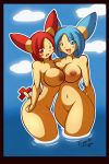 2girls breasts cloud female happy looking_at_viewer minun multiple_girls nintendo nipples ocean plusle pokemon tiger1001 water yuri