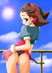 ass black_hair female_focus gloves looking_back mega_man mega_man_legends rockman_dash seductive seductive_smile sky tron_bonne