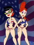  2girls 4th_of_july american_flag_bikini bigtyme bikini black_eyes breasts cleavage dexter&#039;s_laboratory ear_piercing earrings female freckles glasses hair hat headgear hoop_earrings katka lipstick mole multiple_girls necklace piercing powerpuff_girls print_bikini random_female_townsville_citizen red_hair red_lipstick 