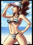  1_girl 1girl absurdres adjusting_hat alluring andre_parcesepe arm arm_up armpits arms art artist_request babe bare_legs bare_shoulders baseball_cap beach bikini black_bikini black_swimsuit blue_eyes breasts brown_eyes brown_hair collarbone female hand_on_hip hat highres kneel kneeling legs lips long_hair looking_up midriff mound_of_venus navel neck nintendo outdoors parted_lips pokemon pokemon_(game) pokemon_black_and_white pokemon_bw ponytail sand sea sideboob sidelocks sky small_breasts smile solo striped striped_bikini striped_swimsuit swimsuit touko_(pokemon) water white_bikini white_swimsuit 