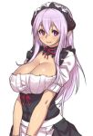 1girl apron blush breasts cleavage demon_girl demon_horns demon_maid_(houtengeki) horns houtengeki large_breasts long_hair looking_at_viewer maid maid_headdress original pointy_ears purple_eyes purple_hair short_sleeves simple_background smile solo waist_apron white_background