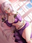  1girl 1girl 1girl absurd_res alluring bra breasts cleavage fire_emblem fire_emblem:_the_binding_blade green_eyes heterochromia high_res hocen idunn_(fire_emblem) long_hair long_sleeves lying midriff navel nintendo on_side pointy_ears purple_bra purple_hair red_eyes underwear watermark web_address window 