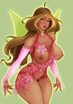 1girl artist_request big_breasts blonde_hair breasts brown_hair dark-skinned_female dark_green_eyes fairy_of_nature female female_only female_pubic_hair flora_(winx_club) hair_streak long_hair looking_at_viewer mostly_nude pubic_hair solo tanned_skin wings winx_club