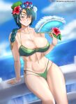  1girl abs absurd_res alluring alternate_costume arm_support athletic_female bare_legs bare_thighs big_breasts bikini blush braid breasts brown_eyes cleavage day female_abs female_only fire_emblem fire_emblem_heroes fit_female flower green_bikini green_swimsuit grin hand_fan high_res hocen legs lips looking_at_viewer medium_hair navel nintendo ocean outside sarong single_braid smile swimsuit teal_hair thighs thorr_(fire_emblem) thorr_(summer)_(fire_emblem) 