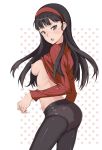 1girl amagi_yukiko ass black_hair black_legwear black_panties blush breasts brown_eyes for18 hairband highres long_hair megami_tensei nipples open_mouth panties panties_under_pantyhose pantyhose persona persona_4 polka_dot polka_dot_background ribbed_sweater shin_megami_tensei shirt_lift solo sweater underwear