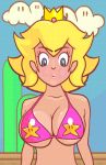 animated bikini_top blonde_hair blue_eyes breasts bullet_bill catoblepas clouds coins crown gif princess_peach running super_mario_bros.