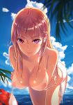 1girl bad_id bad_pixiv_id bare_shoulders beach bent_over big_breasts bikini bikini_top_removed blonde_hair blush breast_hold breasts cleavage cloud collarbone day earrings flower hanging_breasts hibiscus jewelry long_hair looking_at_viewer mole mole_under_eye nature nipples ocean original phantania pink_eyes side-tie_bikini sky smile solo sunlight swimsuit tan tan_line water wet wet_hair white_bikini