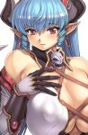 1girl blue_hair breasts cleavage comic_unreal demon_girl horns huge_breasts mogudan nipples pointy_ears puffy_nipples red_eyes solo