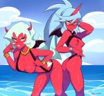 1girl 2022 2_girls absurd_res ass beach big_breasts blush breasts demon_girl demon_wings digital_media_(artwork) flashing flashing_breasts glasses kneesocks_daemon panty_&_stocking_with_garterbelt red_skin scanty_daemon sling_bikini small_breasts squeezable swimwear