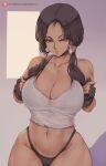 1girl black_hair black_panties blue_eyes breasts dragon_ball_z expressionless female_focus female_only hands_on_own_breasts looking_at_viewer muscular_female panties partially_clothed shexyo showing_breasts showing_off thick thick_thighs thighs videl videl_(dragon_ball_z)