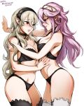  2_girls alluring assertive bare_thighs black_lingerie black_panties blush brown_eyes cleavage corrin_(fire_emblem) corrin_(fire_emblem)_(female) female_only female_protagonist fire_emblem fire_emblem_fates inner_thighs lingerie long_hair medium_breasts minacream naughty_face nintendo panties pink_hair red_eyes smile soleil_(fire_emblem) stockings underwear white_background yuri 