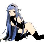  1girl bangs black_legwear black_thighhighs blue_hair blunt_bangs breasts choker elbow_gloves gloves hair_tubes kannagi koutarou koutarou_(artist) long_hair nagi nude pubic_hair purple_eyes solo thighhighs very_long_hair 