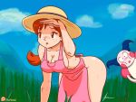 1boy 1girl bent_over delia_ketchum female_human female_human/male_pokemon furboz hanako_(pokemon) hat male/female male_pokemon milf mostly_nude mr._mime naked_apron no_bra no_panties outdoor outside pokemon