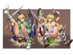 2boys 2girls bad_id blonde_hair blue_eyes braid breasts cassandra_alexandra facesitting hong_yun-seong ibanen kilik kilik_(soulcalibur) large_breasts legs long_hair multiple_boys multiple_girls namco one_eye_closed open_mouth panties raphael_sorel revealing_clothes ribbon ribbons shield short_hair siblings sitting sitting_on_face sitting_on_person sophitia_alexandra soul_calibur soulcalibur soulcalibur_iv sword teamwork underwear weapon wink yun-seong