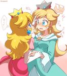  2_girls 2girls blonde_hair blue_eyes clothed crown dress ermame26_(artist) female female_only gloves princess_peach princess_rosalina romantic super_mario_bros. yuri 