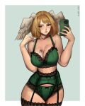  1girl 2023 alluring artist_name big_breasts blonde_hair blue_eyes blush cleavage eunie_(xenoblade) garter_belt garter_straps holding_phone iphone lao_arts lingerie nintendo selfpic short_blonde_hair short_hair stockings tattoo tattoo_on_breast wings wings_on_head xenoblade_(series) xenoblade_chronicles_3 