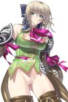 alluring blonde_hair blush breasts cassandra_alexandra censored green_eyes kansuke naked_from_the_waist_down nipple_slip nipples no_panties pussy shield silf soul_calibur soul_calibur_ii soul_calibur_iii soulcalibur thighhighs white_background