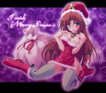 1girl alternate_costume bell bell_collar blue_eyes blush boots bow braid breasts christmas cleavage collar condom condom_in_mouth dress female hat holly hong_meiling long_hair mouth_hold nipple_slip nipples red_hair reverse_noise santa santa_boots santa_costume santa_hat side_slit solo star strapless_dress thighhighs touhou twin_braids yamu_(reverse_noise) zettai_ryouiki