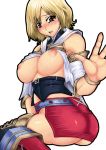 1girl ashelia_b'nargin_dalmasca ass bare_shoulders big_breasts blonde_hair blush bracelet breasts detached_sleeves erect_nipples female female_only final_fantasy final_fantasy_xii flapper_shirt jewelry miniskirt nipples red-rum shirt short_hair simple_background skirt solo white_background yellow_eyes