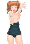 1girl a1 brown_hair closed_eyes flat_chest hair highres idolmaster nipples one-piece_swimsuit open_mouth school_swimsuit solo swimsuit swimsuit_pull takatsuki_yayoi topless twintails yayoi_takatsuki