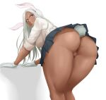 1girl 1girl 1girl animal_ears anus ass bangs bent_over big_breasts blonde_hair breasts bunny_ears bunny_tail dark-skinned_female dark_skin from_behind gloves green_skirt high_resolution leaning_forward lifted_by_self lips long_hair looking_at_viewer looking_back mirko my_hero_academia nofuture nopan parted_bangs pink_eyes plain_background pleated_skirt presenting pubic_hair rabbit_girl red_eyes school_uniform shirt short_sleeves simple_background skirt skirt_lift sleeves_rolled_up tail tail_lift thick_thighs thighs toned u.a._school_uniform underwear uniform usagiyama_rumi very_high_resolution white_background white_gloves white_hair white_shirt