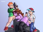  1girl 2boys anal anal_sex backwards_baseball_cap baseball_cap boyfriend_(friday_night_funkin) fellatio friday_night_funkin gradient_background gun holding_head male/female male/female/male mature_female microphone milf mommy_mearest newgrounds oral pico&#039;s_school pico_(newgrounds) rasavr sex simple_background spitroast stockings 