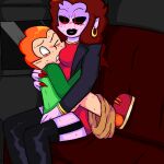  1boy 1boy1girl 1girl adult blush brown_hair demon demon_girl earrings friday_night_funkin glowing_eyes green_shirt inside jewelry killerfrog lipstick long_hair mommy_mearest orange_hair pants_down pico&#039;s_school pico_(newgrounds) sex shoes short_hair 