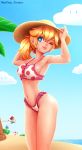 1girl ;) alternate_hairstyle beach bikini blonde_hair blue_eyes breasts frilled_bikini frills hat heart heart-shaped_pupils hentai lips long_hair looking_at_viewer mario navel neocoill nintendo nose ocean one_eye_closed polka_dot polka_dot_bikini polka_dot_swimsuit ponytail princess_peach sideboob slender_waist smile solo_focus strap_gap sun_hat super_mario_bros. sweat swimsuit symbol-shaped_pupils toad_(mario) wet wink