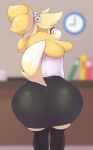 1girl 1girl 2021 absurd_res animal_crossing anthro ass ayzcube big_ass blush bottomwear canid canine canis clothing domestic_dog furry high_res isabelle_(animal_crossing) legwear looking_at_viewer looking_back mammal nintendo shih_tzu skirt tight_clothing toy_dog video_games