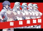 1girl 5girls baseball_cap big_breasts blonde_hair blue_hair bow breasts colored_skin eyepatch fingerless_gloves gloves hair_bow hair_ornament hair_over_one_eye hat hataraku_saibou hataraku_saibou_black implied_futanari jumpsuit long_hair mikoyan multiple_girls neutrophil_captain_(hataraku_saibou_black) nipples scar scar_on_face short_hair u-1196 u-1212 u-8787 white_blood_cell_(hataraku_saibou) white_hair white_skin white_uniform