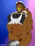 2014 anthro avian big_breasts bird blush bottomless breasts brown_eyes chicken cleavage clothed clothing female maid maid_uniform nightfaux pregnant pussy ruthie solo turkey wide_hips