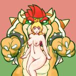 1boy 1girl blonde_hair blue_eyes bowser breasts nipples princess_peach super_mario_bros.