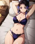 1girl alluring bare_legs big_breasts bra cleavage demon_slayer faden139 kochou_shinobu on_bed panties purple_hair spread_legs underwear