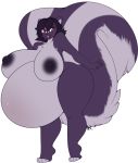 2014 anthro areola ass big_ass big_belly big_breasts big_nipples black_hair black_nose breasts chest_tuft chubby cute female fur hair huge_breasts looking_away mammal nipples obese open_mouth overweight plain_background pregnant purple_fur purple_nipples red_eyes skunk smile solo tail_tuft tehbuttercookie tuft white_background