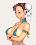 1girl armlet bikini blush bra breast_hold breasts brown_hair bun_cover chun-li crossed_arms detached_collar double_bun earrings jewelry large_breasts lips micro_bikini misoshiro_(shijimi) nose short_hair sideboob solo squeeze standing strap_gap street_fighter swimsuit underboob wristband