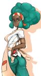 1girl afro aloe_(pokemon) apron ass big_breasts big_hair breasts creatures_(company) dark-skinned_female dark_skin game_freak green_eyes green_hair gym_leader hairband hand_on_hip highres holding holding_poke_ball humans_of_pokemon lenora_(pokemon) lipstick looking_back madarame makeup nintendo pants poke_ball pokemon pokemon_(anime) pokemon_(game) pokemon_black_2_&_white_2 pokemon_black_and_white pokemon_bw pokemon_bw2 shadow short_sleeves sidelocks smile solo transparent_background