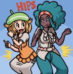 2girls afro aloe_(pokemon) bel_(pokemon) bianca_(pokemon) big_breasts blonde_hair blush_stickers breasts creatures_(company) dancing dark-skinned_female dark_skin game_freak green_eyes green_hair gym_leader hat hips humans_of_pokemon lenora_(pokemon) long_skirt multiple_girls nintendo pants pokemon pokemon_(anime) pokemon_(game) pokemon_black_2_&_white_2 pokemon_black_and_white pokemon_bw pokemon_bw2 short_hair sidelocks skirt yellow_hair