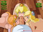 1boy 3_girls ass bangs blonde_hair blue_eyes blush breasts crown cyan_eyes earring earrings gem jewelry licking lips long_ears long_hair multiple_girls nintendo penis pointy_ears princess_peach princess_zelda rosalina super_mario_bros. the_legend_of_zelda tiara tongue uncensored