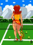 1_girl 1girl ass clothed crown earrings female flower_earrings outdoor outside panties princess_daisy royalty shining_tatsu skirt sleeveless solo standing super_mario_bros. tennis_balls tennis_court tennis_outfit tennis_racket tennis_uniform upskirt