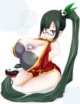  1girl arakune arc_system_works bare_shoulders between_breasts black_bra black_hair blazblue blazblue:_calamity_trigger bra breasts china_dress cleavage dress glasses hair_ornament huge_breasts lao_jiu litchi_faye_ling long_hair looking_at_viewer megane ponytail purple_eyes semi-rimless_glasses simple_background sitting smile thighs underwear very_long_hair 