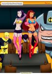  ;) ;d blue_bra dc_comics desk looking_at_viewer palcomix raven&#039;s_lust raven_(dc) short_shorts shorts smile starfire table tagme teen_titans wink yellow_bra 