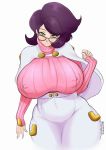  1girl breasts bubble_ass bubble_butt covered_navel covered_nipples erect_nipples glasses green_eyes hand_up huge_breasts looking_at_viewer milf mkonstantinov naughty_face nipple_bulge plump pokemon pokemon_(game) pokemon_sm purple_hair seductive seductive_eyes seductive_look seductive_pose seductive_smile sexy sexy_breasts sexy_pose simple_background sleeves_past_wrists smile sweater thighs wicke wide_hips 