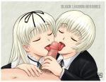 1boy 1girl androgynous azasuke_wind bisexual black_lagoon brother_and_sister censored closed_eyes crossdressing double_fellatio fellatio gretel hansel licking licking_penis long_hair multiple_fellatio oral penis pubic_hair ribbon short_hair siblings threesome tongue trap twins white_hair