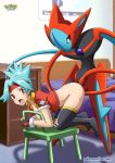 1girl ass bbmbbf bed blue_hair butt chair creatures_(company) deoxys female fingerless_gloves game_freak hinata_(pokemon) humans_of_pokemon inside nintendo no_bra no_panties open_clothes open_mouth open_shirt padded_gloves palcomix penetration pokemon pokemon_(anime) pokemon_(game) pokemon_ranger pokemon_rse pokemon_ruby_sapphire_&_emerald pokephilia pokepornlive red_eyes solana stockings tagme teal_eyes tentacle