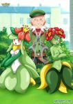  1boy 2_girls 2girls anthro bbmbbf bellossom blush breasts closed_eyes day female lilligant male nintendo nipple nude one_eye_closed open_mouth outside palcomix pokemon pokemon_xy pokepornlive pussy ramos tagme vagina yard 