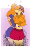 2_girls 2girls bespectacled blush brown_hair closed_eyes clothed daphne_blake dress female female/female female_human female_only glasses kissing long_hair love making_out orange_hair scooby-doo short_hair skirt velma_dinkley yuri