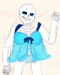 1boy 2010s 2015 animated_skeleton blue_blush blue_lingerie blush bottom_sans bottomless crossdressing lingerie monster nightgown sans sans_(undertale) simple_background skeleton solo suckmytrombone sweat uke_sans undead undertale undertale_(series)